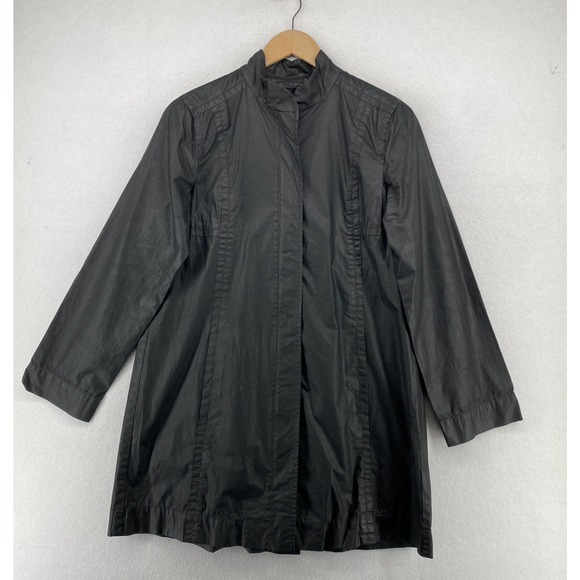 EILEEN FISHER Jacket S Waxed Cotton Trench Coat Duster Full Zip Black - Picture 2 of 14